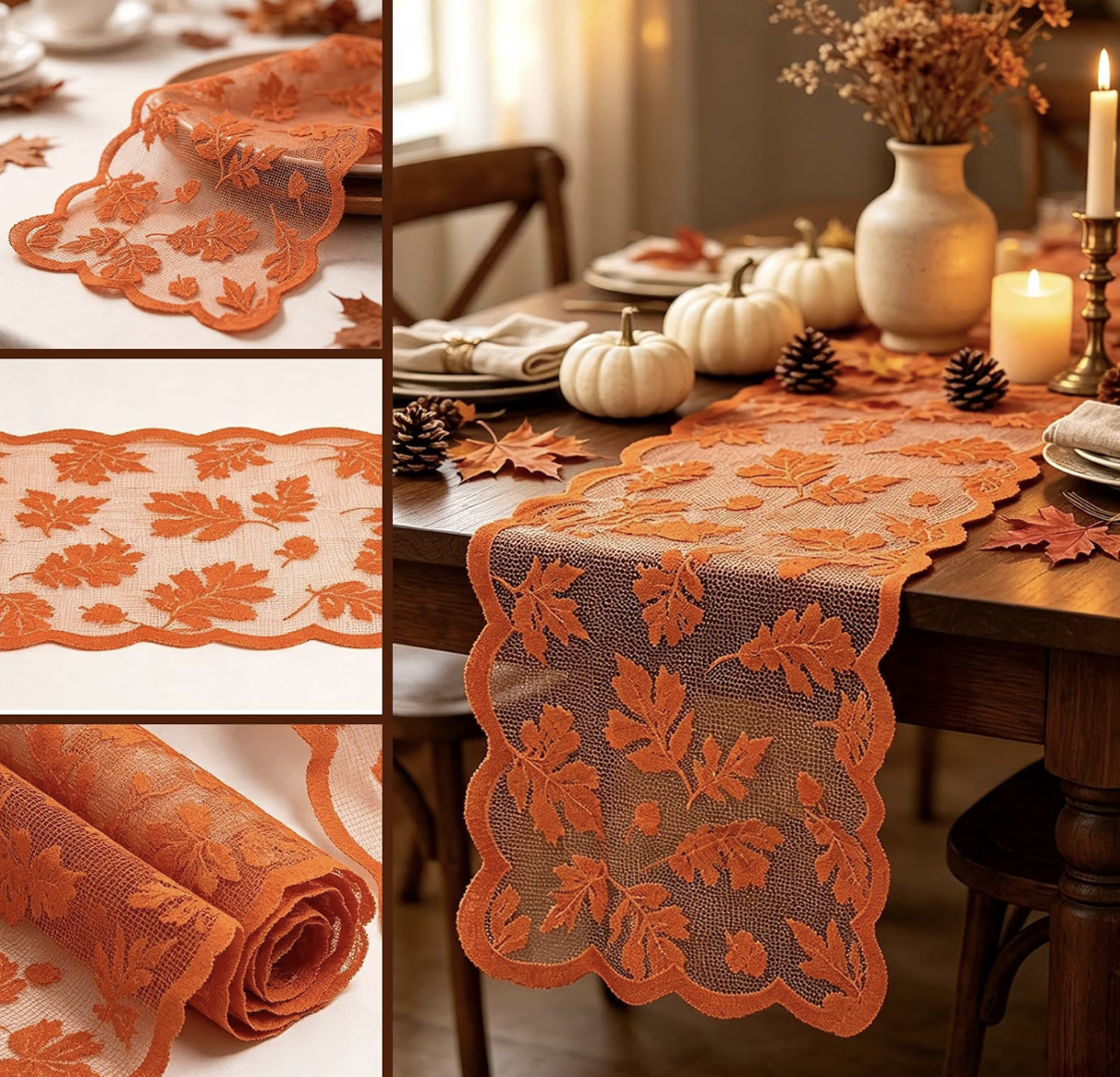 Seamless Orange Maple Leaves Lace Table Runner